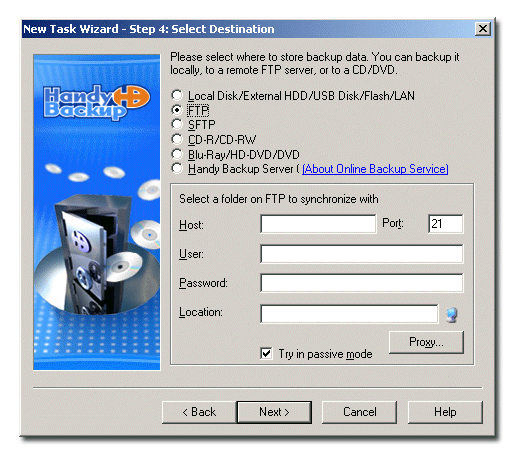 Handy Backup: Selecting Backup to FTP